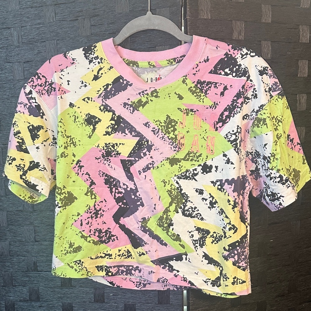 Jordan women’s cropped  T-Shirt in Pink, Yellow, and Black size XS oversized